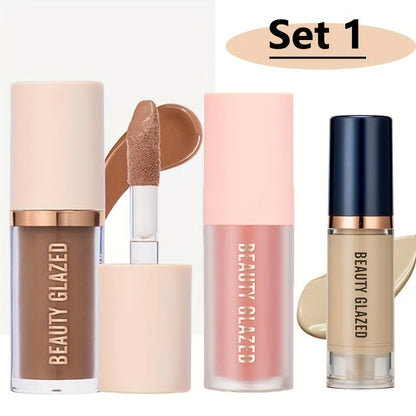 3pcs/Set Long-lasting Waterproof Facial Makeup Set,Blush+Contouring+Foundation,Fine Texture,Cover Blemishes,Enhance Contours