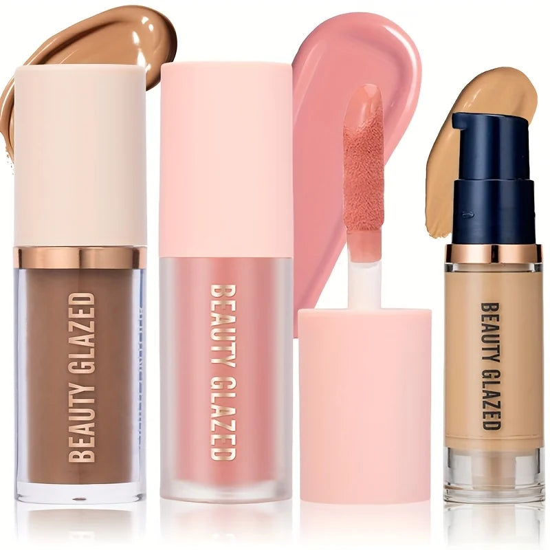 3pcs/Set Long-lasting Waterproof Facial Makeup Set,Blush+Contouring+Foundation,Fine Texture,Cover Blemishes,Enhance Contours