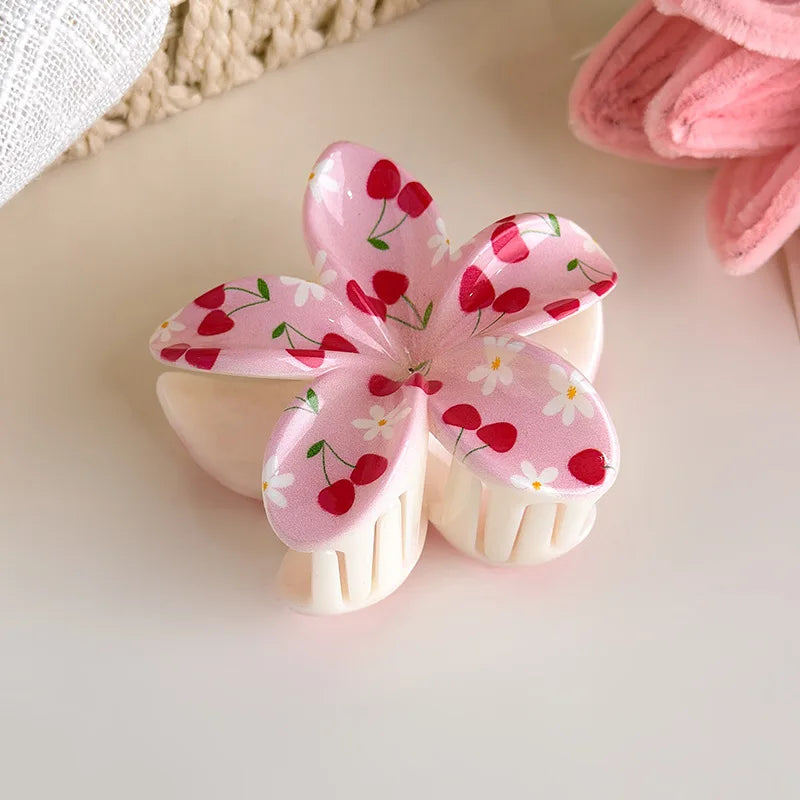Cute and Pastel Hair Accessories: Checkered Bows, Cherry Blossoms, and Frangipani Hair Clips for Girls (Back-of-Head Hairpins)