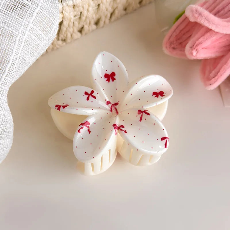 Cute and Pastel Hair Accessories: Checkered Bows, Cherry Blossoms, and Frangipani Hair Clips for Girls (Back-of-Head Hairpins)