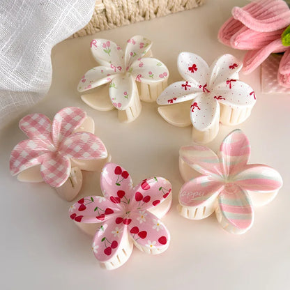 Cute and Pastel Hair Accessories: Checkered Bows, Cherry Blossoms, and Frangipani Hair Clips for Girls (Back-of-Head Hairpins)