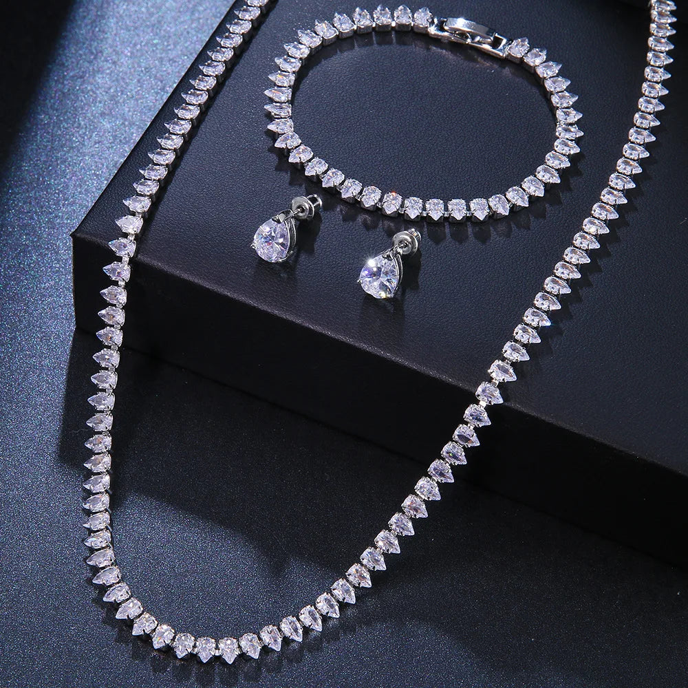 Uilz Gorgeous Water Drop Shape White Zirconia Jewerly Set for Women Round Wedding Bridal Necklace Earrings for  Brides
