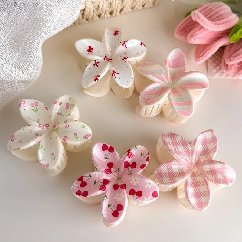 Cute and Pastel Hair Accessories: Checkered Bows, Cherry Blossoms, and Frangipani Hair Clips for Girls (Back-of-Head Hairpins)