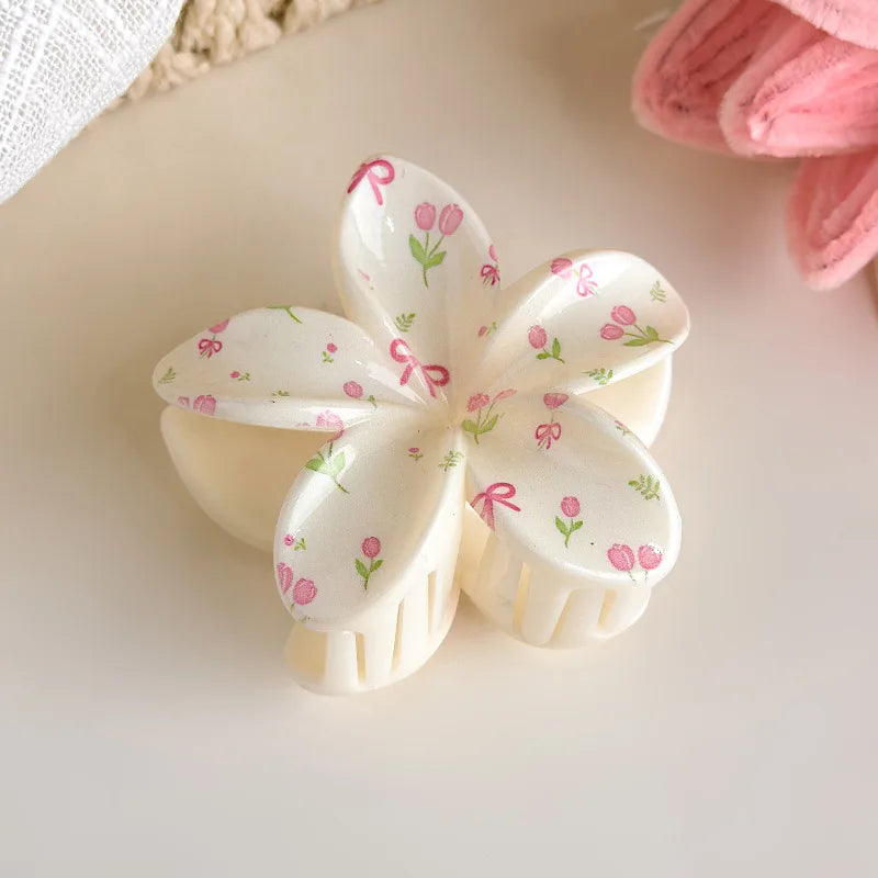 Cute and Pastel Hair Accessories: Checkered Bows, Cherry Blossoms, and Frangipani Hair Clips for Girls (Back-of-Head Hairpins)