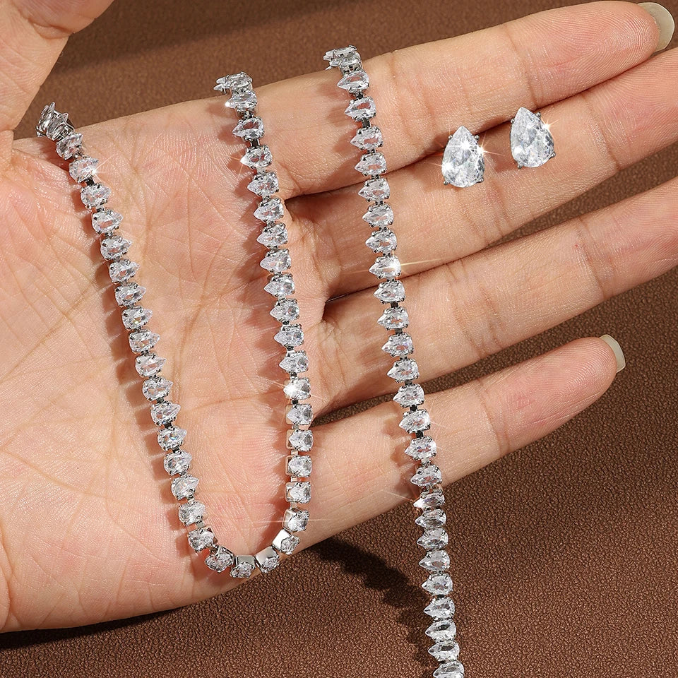 Uilz Gorgeous Water Drop Shape White Zirconia Jewerly Set for Women Round Wedding Bridal Necklace Earrings for  Brides