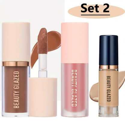 3pcs/Set Long-lasting Waterproof Facial Makeup Set,Blush+Contouring+Foundation,Fine Texture,Cover Blemishes,Enhance Contours