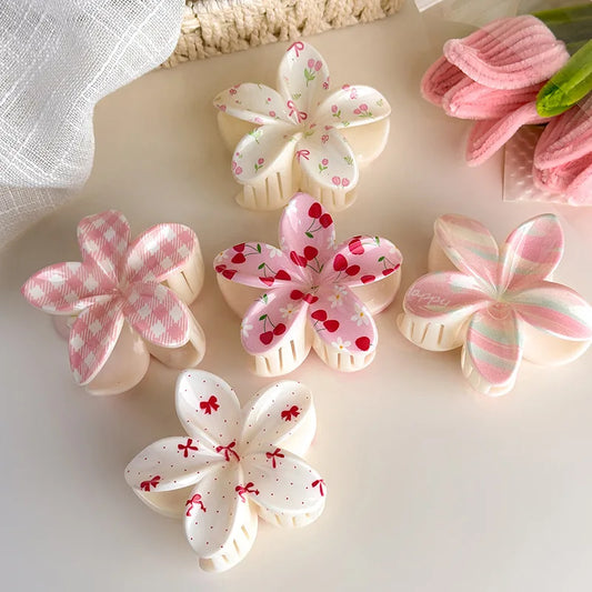 Cute and Pastel Hair Accessories: Checkered Bows, Cherry Blossoms, and Frangipani Hair Clips for Girls (Back-of-Head Hairpins)