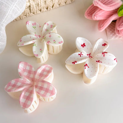 Cute and Pastel Hair Accessories: Checkered Bows, Cherry Blossoms, and Frangipani Hair Clips for Girls (Back-of-Head Hairpins)