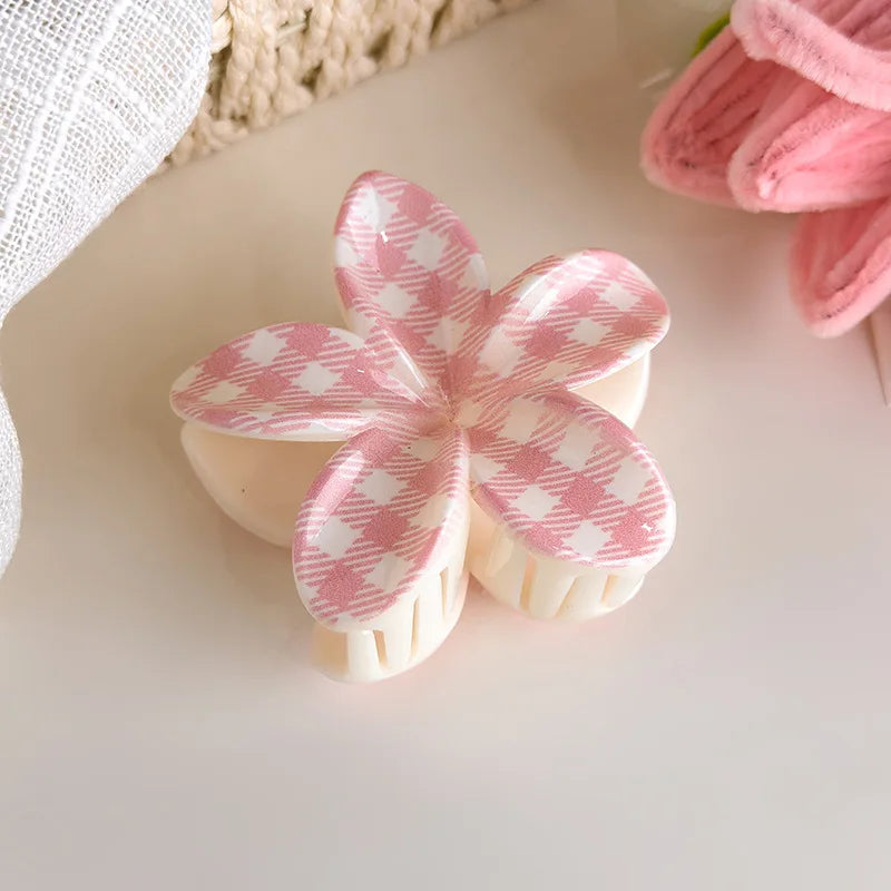 Cute and Pastel Hair Accessories: Checkered Bows, Cherry Blossoms, and Frangipani Hair Clips for Girls (Back-of-Head Hairpins)