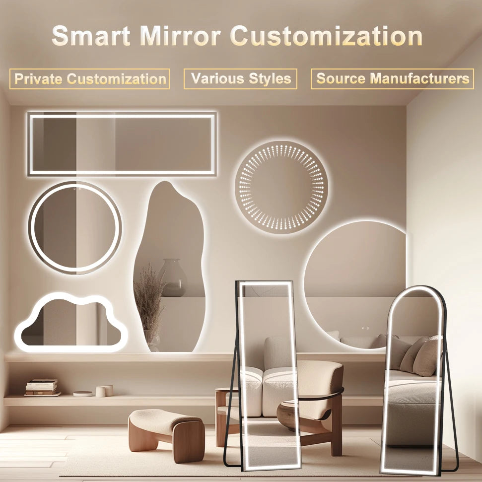 Smart Mirror with LED, Full-length Mirror Wall-mounted or Bracket-mounted, Dressing Mirror Suitable for Clothing Stores, Bedroom