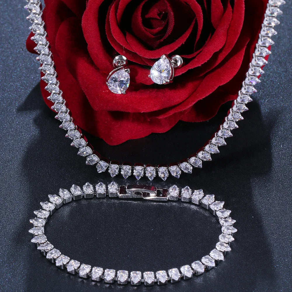 Uilz Gorgeous Water Drop Shape White Zirconia Jewerly Set for Women Round Wedding Bridal Necklace Earrings for  Brides