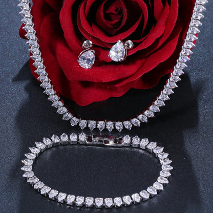 Uilz Gorgeous Water Drop Shape White Zirconia Jewerly Set for Women Round Wedding Bridal Necklace Earrings for  Brides