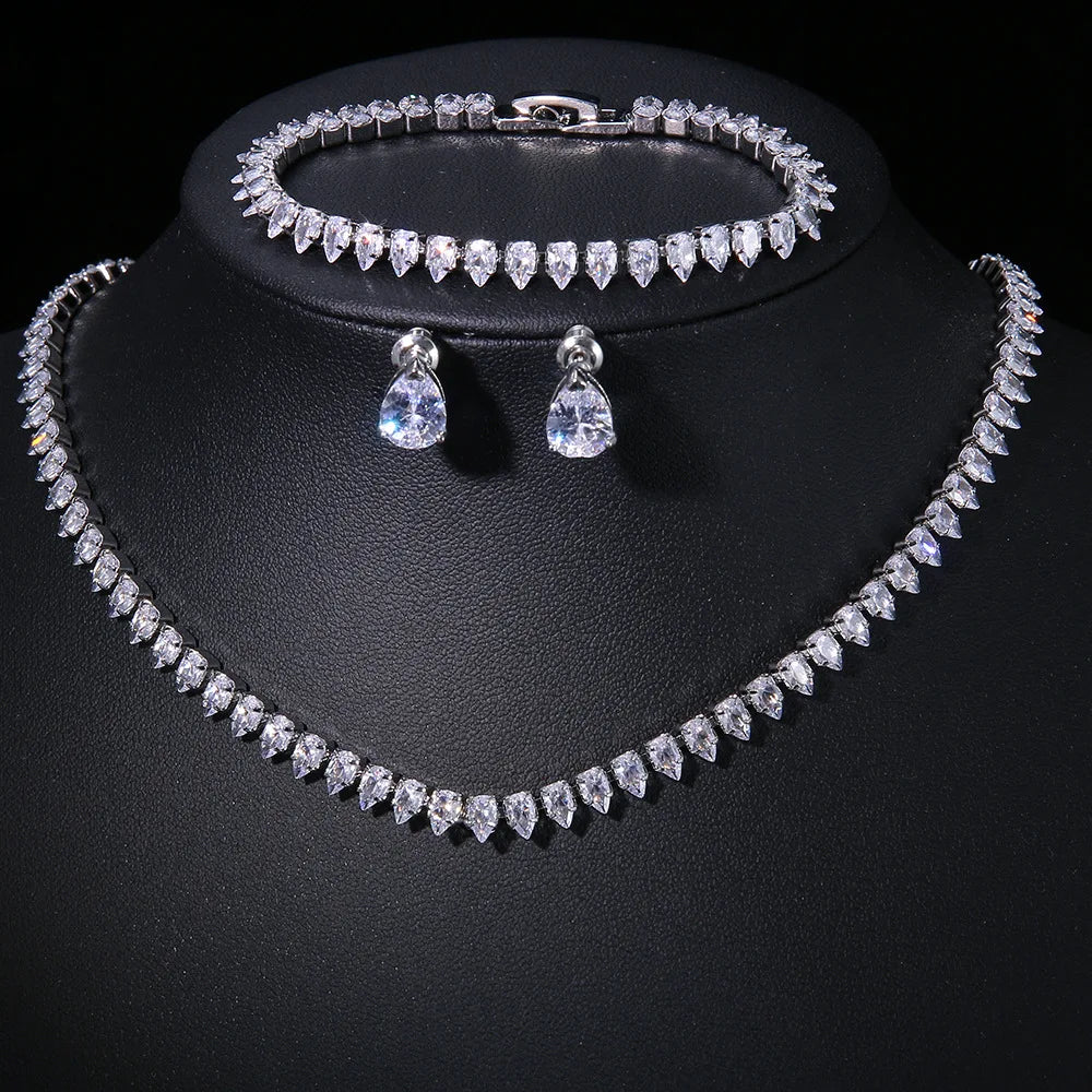 Uilz Gorgeous Water Drop Shape White Zirconia Jewerly Set for Women Round Wedding Bridal Necklace Earrings for  Brides