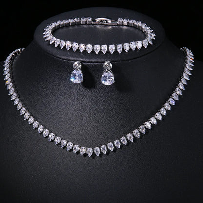 Uilz Gorgeous Water Drop Shape White Zirconia Jewerly Set for Women Round Wedding Bridal Necklace Earrings for  Brides