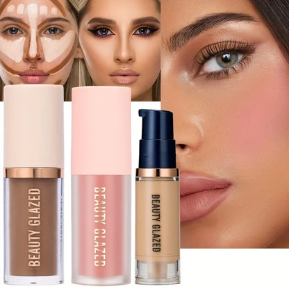 3pcs/Set Long-lasting Waterproof Facial Makeup Set,Blush+Contouring+Foundation,Fine Texture,Cover Blemishes,Enhance Contours
