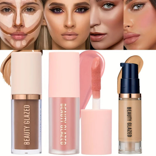 3pcs/Set Long-lasting Waterproof Facial Makeup Set,Blush+Contouring+Foundation,Fine Texture,Cover Blemishes,Enhance Contours